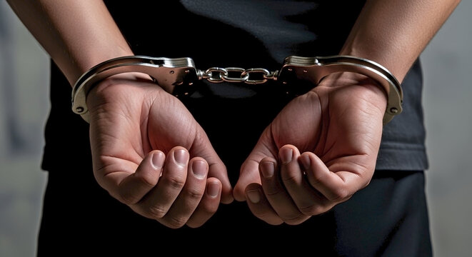 Handcuffed hands behind back on person, metal cuffs. Represents justice, law enforcement, depicts handcuffed hands behind back. Concept crime, legal themes, punishment.