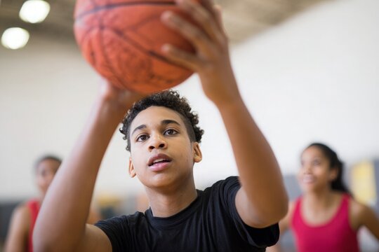 Young African American boy shooting basketball in gym