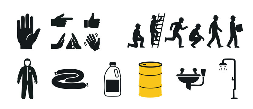 Industrial Safety Icons Set, Occupational Health and PPE Symbols, Construction Workers and Hazardous Material Handling Equipment Vector Illustrations for Workplace Compliance and Safety Management Sig