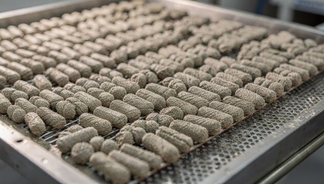 Medium frame capturing freshly formed zeolite catalyst pellets on a drying tray emphasizing texture and organized arrangement during the initial drying stage.
