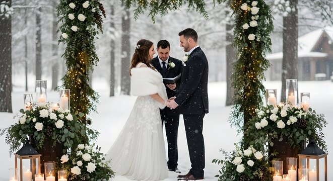 Bride and groom exchanging vows in a snowy winter wedding ceremony with floral arch and warm lighting