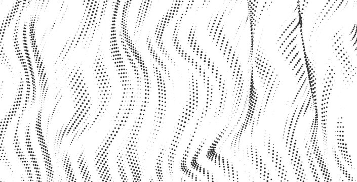 Organic flowing halftone dot streams with layered curves, abstract monochrome particle background for modern digital design and technology concepts