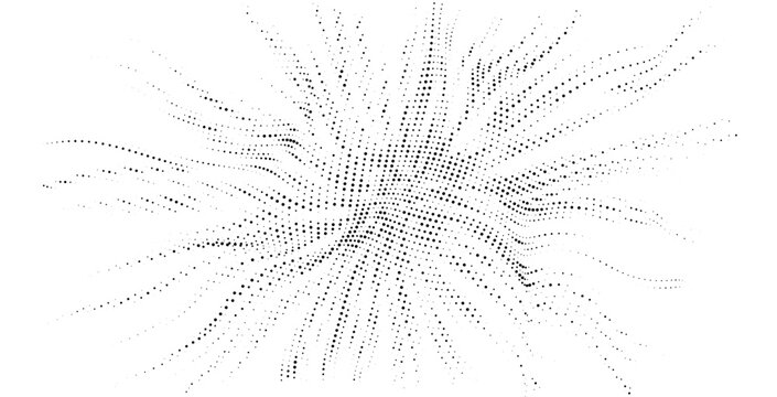 Radial halftone dot burst with flowing particle dispersion, abstract monochrome background for technology, energy visualization, and modern digital design