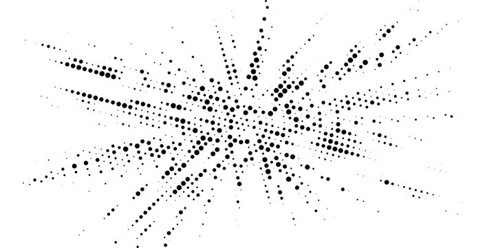Radial halftone dot network with expanding particle structure, abstract monochrome background for data visualization, connections, and digital technology