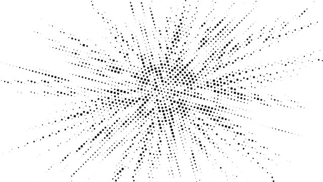 Pixelated halftone dot radial explosion with geometric square particles, abstract monochrome background for digital technology and modern design