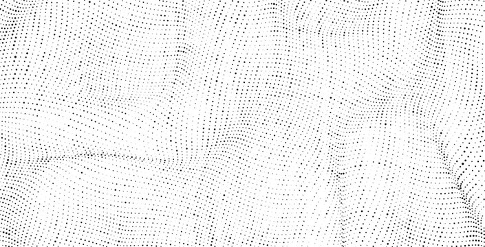 Smooth flowing halftone dot field with organic wave distortion, abstract monochrome particle background for modern digital design and technology visuals