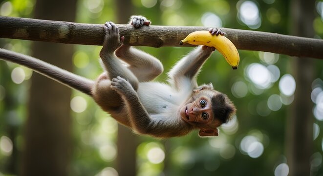 A mischievous monkey hangs upside down from a branch holding a banana in a lush forest with dappled sunlight.