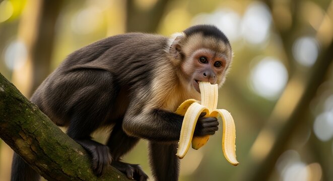 A capuchin monkey sitting on a tree branch eating a banana in a natural outdoor setting with warm tones.