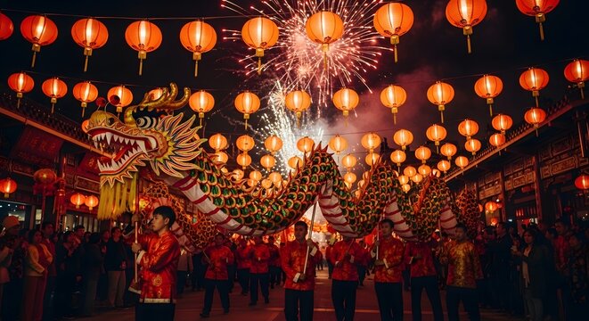 Lion dance performance with fireworks and lanterns in a crowded street at night