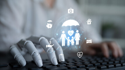 Naklejka premium An AI assistant creates a personalized insurance plan for complete family protection. This smart system assesses risk to provide optimal coverage for health, life, and assets. Fermion