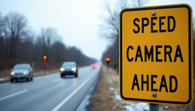 Yellow sign warns SPEED CAMERA AHEAD on blurry wet road. Cars drive past, some with headlights on, under overcast sky. Winter trees line the background.