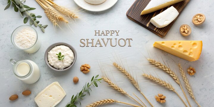 Shavuot holiday flat lay with dairy food cheese milk wheat and happy greeting board