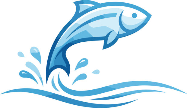 salmon fish jumping out of water with splashes, fishing sport logo and seafood restaurant icon, blue trout or bass mascot on transparent background