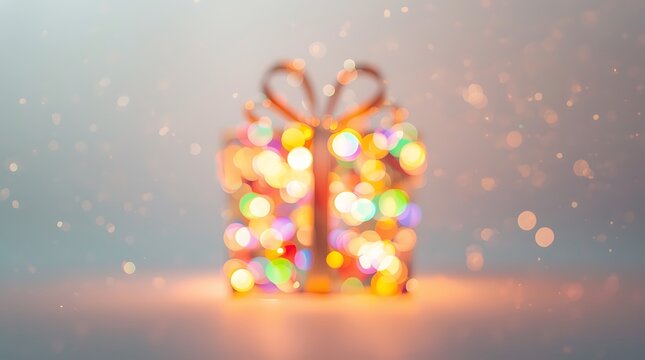 Festive gift box illuminated by colorful bokeh lights and soft glow