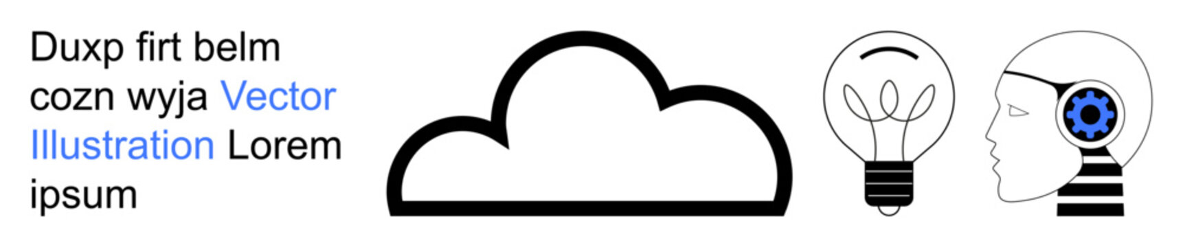 Cloud computing, artificial intelligence, creativity, technology innovation, modern ideas, data storage. Simple icon set including a cloud, lightbulb and human head with gear. Cloud computing