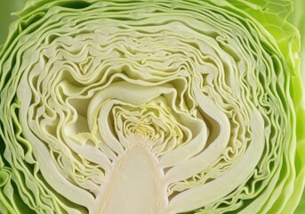 Fototapeta premium Fresh green cabbage cut in half showing internal texture layers