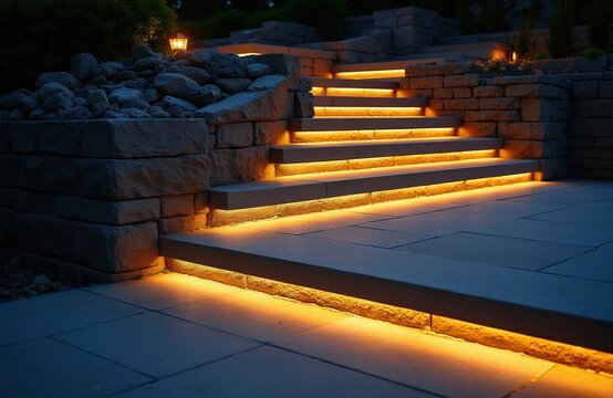 Illuminated stone stairs glow warmly at night. Modern LED strip lights line stpic on a paved terrace. Outdoor path lighting creates ambience and safety.