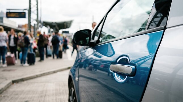 Closeup of an appactivated microcar door handle with the vehicle in sharp focus surrounded by an indistinct crowd waiting at a transit hub.