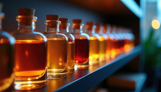Small glass bottles with cork stoppers arranged in a row, filled with colorful aromatic liquids. Used for perfume, essential oils, or lab research. Scientist or perfumer collection.