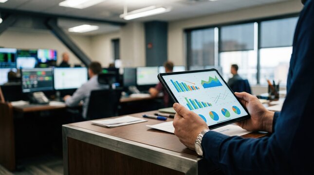 Screenshotfocused tablet in the hands of fleet coordinator analyzing idle time reduction metrics with an indistinct operations center scene blurred behind.
