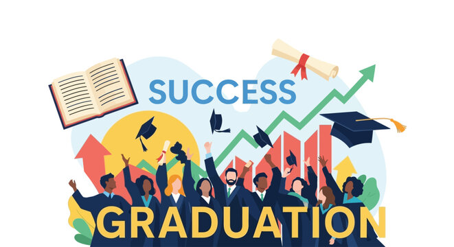 Graduation success illustration with students throwing caps and a diploma symbolizing academic achievement and future opportunities