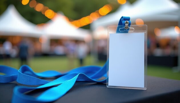 Blue lanyard and blank badge rests on table at outdoor event. Soft focus background shows tents and bokeh lights. Entry pass for guests and staff.
