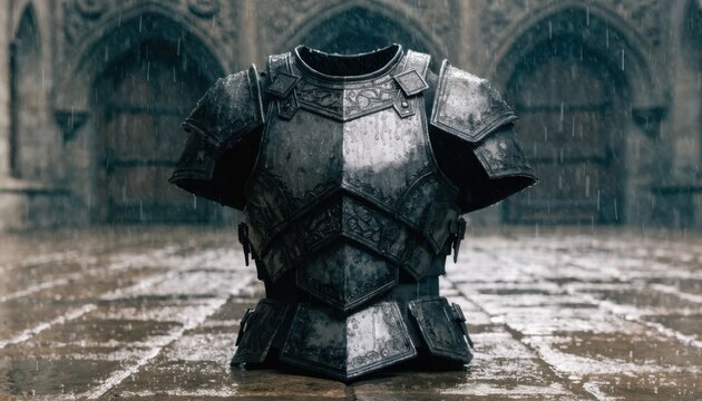 Medium shot featuring faux metal armor chest plate with adjustable buckles sharp edges blurred in the background perfect for fantasythemed roleplay.