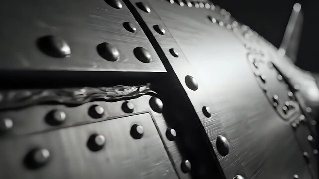 Closeup of riveted metal plates industrial texture steampunk aesthetic.