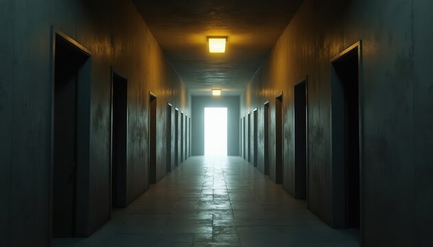 Dark concrete hallway with bright yellow ceiling lights leads to glowing open doorway. Empty corridor with doors on each side creates mysterious perspective and copy space.