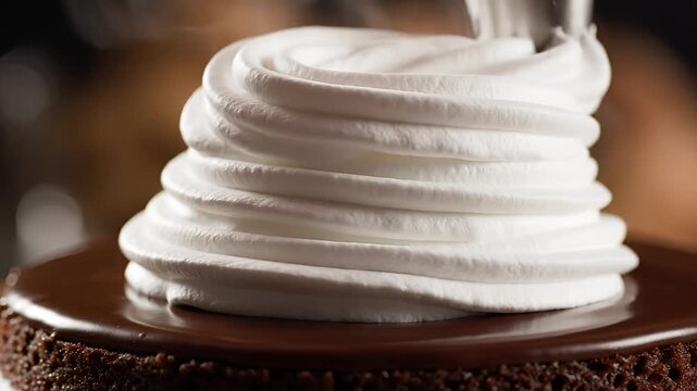 Closeup of Whipped Cream Being Piped onto a Chocolate Cake.