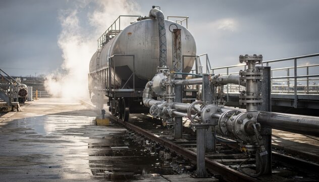 Medium shot of a railcar connected to a manifold at a feedstock unloading station with visible steam rising highlighting industrial transfer processes.