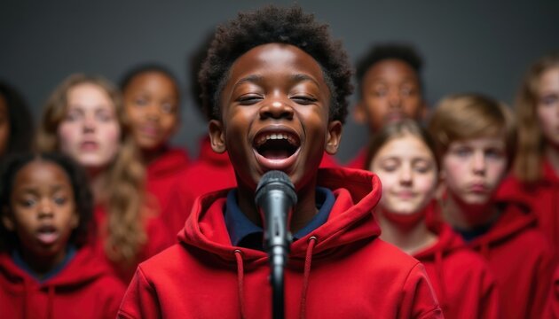 Young boy sings enthusiastically into microphone at front of choir. Kids in red hoodies perform together, focused on music. Diverse children express joy and passion for song.