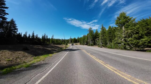 Crater Lake National Park South Section Rim Drive Rim Village to San Notch 01 Rear View Driving Plates Oregon USA Ultra Wide