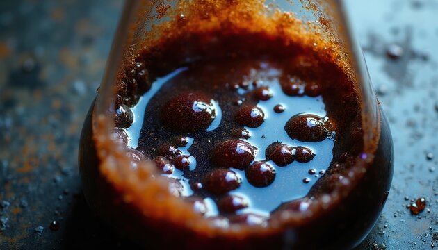 Thick dark liquid with iridescent sheen and bubbles in glass beaker. Close-up shows surface texture and fluid properties. Potential chemical reaction or industrial substance.