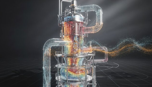 Medium shot of cloudbased digital twin interface showing realtime data of reactor wear and fouling patterns for enhanced remote inspection and predictive maintenance.