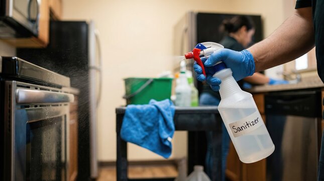 Spray bottle in sharp focus as worker sanitizes rental appliance surfaces blurred background showing another cloth and cleaning supplies.