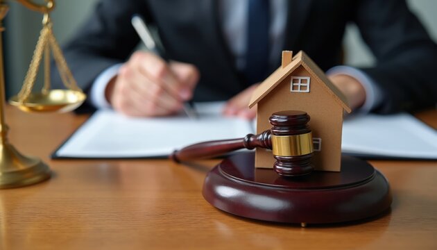 Judge hammers gavel near house model and scales of justice on lawyer desk. Man signs document, representing property law and real estate dispute resolution for justice.