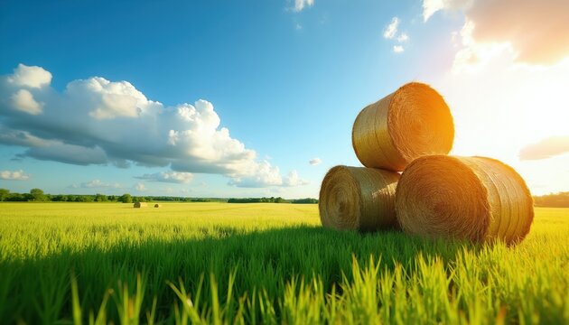 Round hay bales stacked in a green grassy field under a bright blue sky with fluffy clouds. Golden sunlight illuminates the agricultural landscape at harvest time.