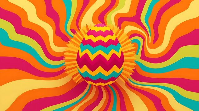 Psychedelic Easter egg with vibrant wavy background and sunburst effect