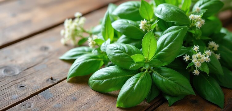 Fresh green basil herb bunch with small white flowers on rustic wooden table. Aromatic leaves ready for cooking healthy Mediterranean meals or making pesto sauce.