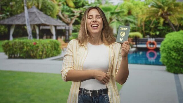 Woman holding passport, clutching stomach and smiling beside a hotel pool at a resort building; vacation joy.