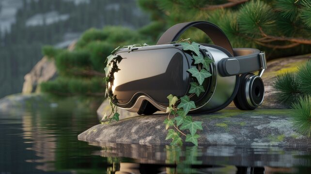 Virtual reality headset overgrown with ivy rests on a mossy rock by serene water