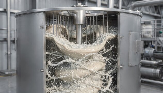 Medium shot focusing on a baffled precipitation tank with internal fins illustrating enhanced mixing and efficient baritegrade barium sulfate crystal growth in an industrial