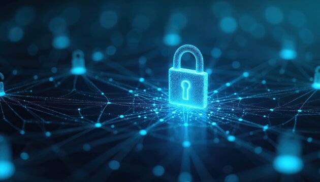 Digital padlock icon glowing on abstract network. Secure connection points linked with lines. Technology concept for data safety network security.
