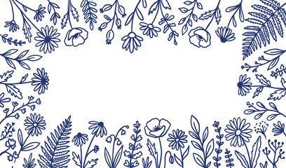 Blue ink botanical frame featuring hand drawn wildflowers and fern leaves on white paper © naydesignsco