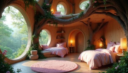 Naklejka premium Whimsical fairytale treehouse bedroom with pink bedding. Organic wood interior features round windows and nature views. Magical children room design blends fantasy and cozy living.