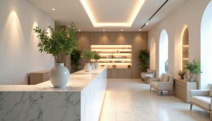 Fototapeta premium Modern cosmetic clinic reception area with plants and soft lighting. Shelves stocked with products behind counter. Waiting area with sofas and natural wood accents.