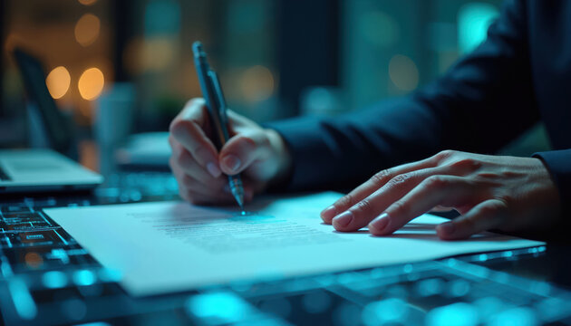 Hand signing contract with futuristic digital overlay. Business person approves agreement with advanced tech. Modern legal process, planning strategy using cyber data.