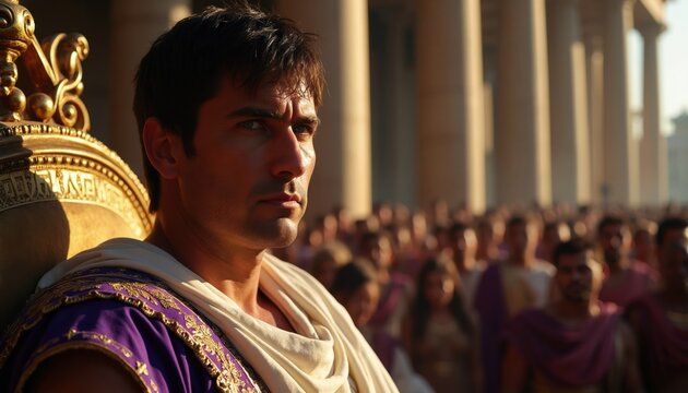 Roman governor Pontius Pilate sits on ornate throne. Crowd watches him. He wears purple toga. Sunlight shines on his serious face. He is in ancient city.