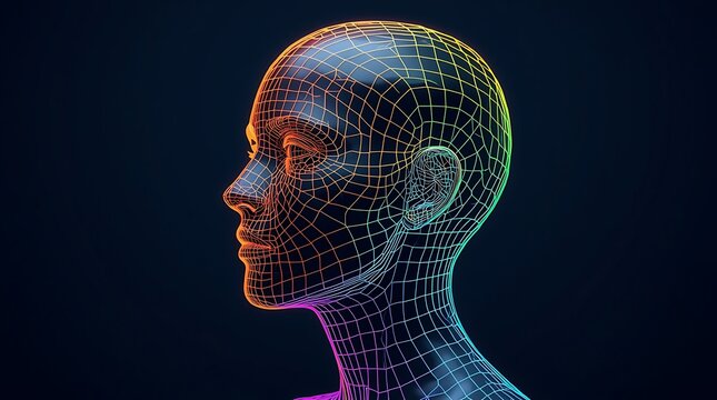Wireframe human head profile with vibrant neon gradient on dark background